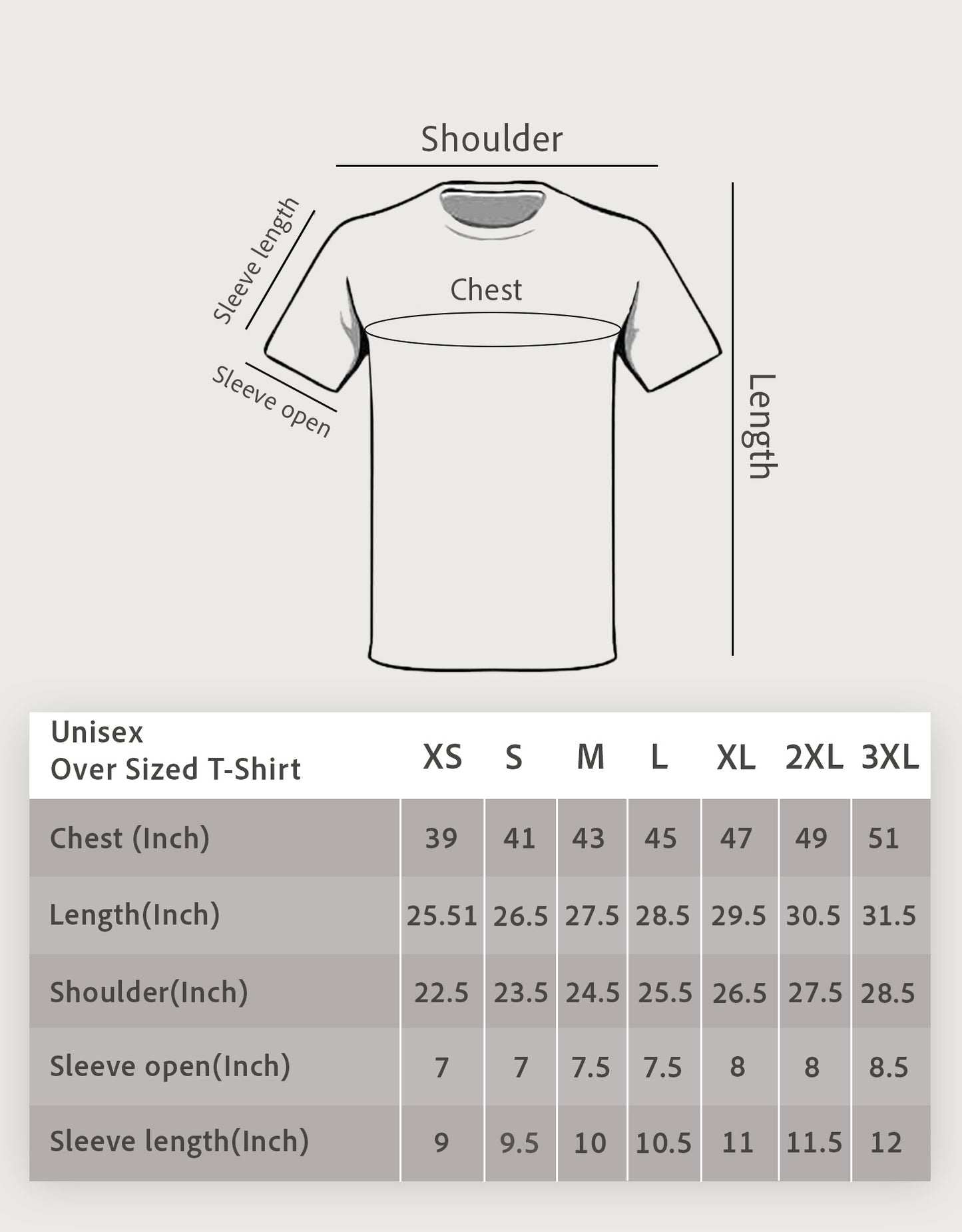 Size chart for oversized t-shirt