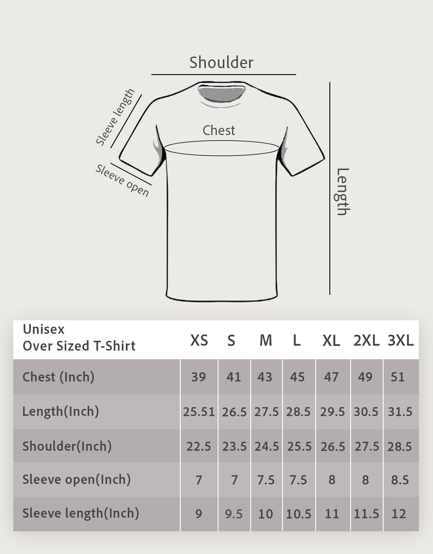 Size Chart for oversized t-shirt