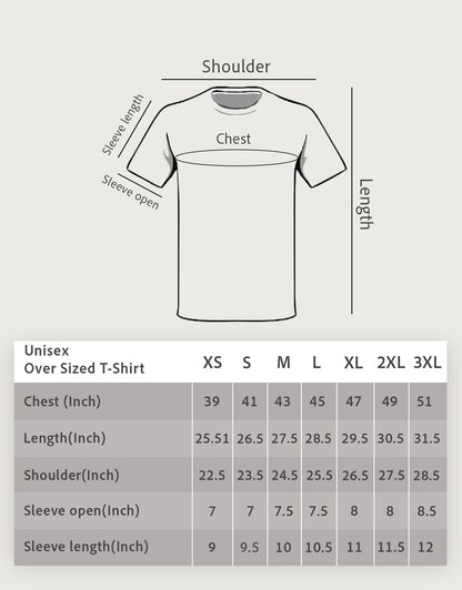 Size chart for oversized unisex t-shirt